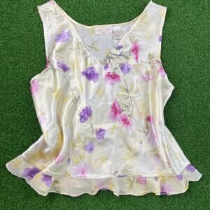Vintage 90s Inner Most Pale Yellow Floral V Neck Satin Chiffon Trim Top Sz XL